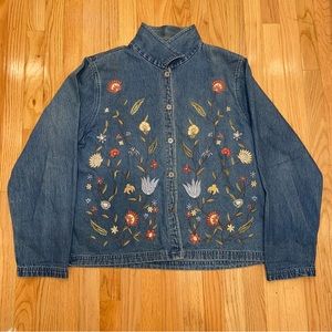 Denim  Embroidered Flowers Jean Jacket Long Sleeve Button Up